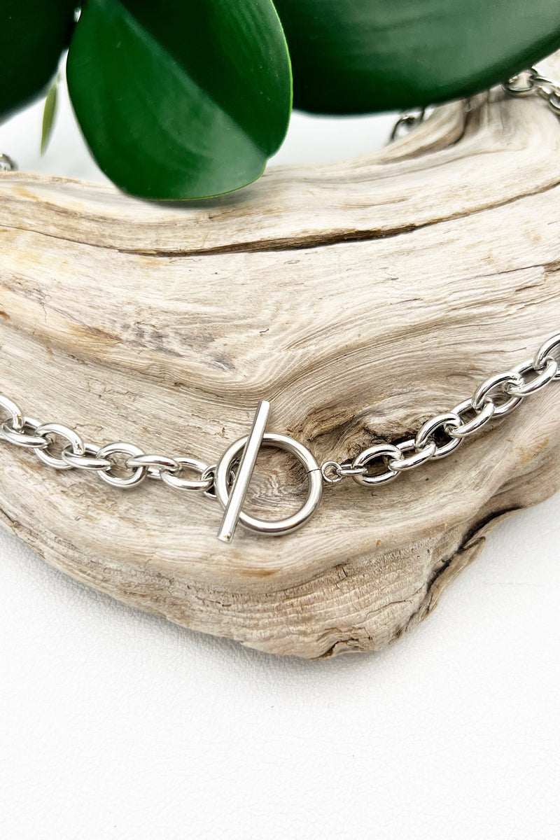 Chunky silver stainless steel necklace with a toggle clasp for a statement look