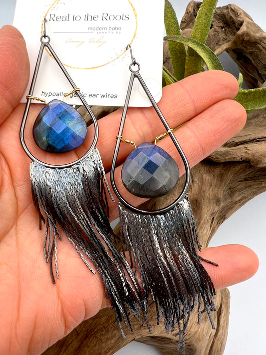 Dark metal fringe earrings with faceted flashy labradorite. Hypoallergenic ear wires, lightweight, and full of movement.