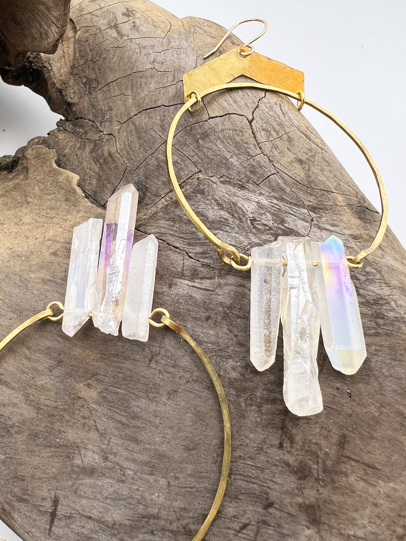 Aura Quartz spike hoop earrings with shimmering rainbow colored crystals 
