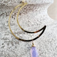 crescent moon earring, hammered and with a purple wired gemstone droplet
