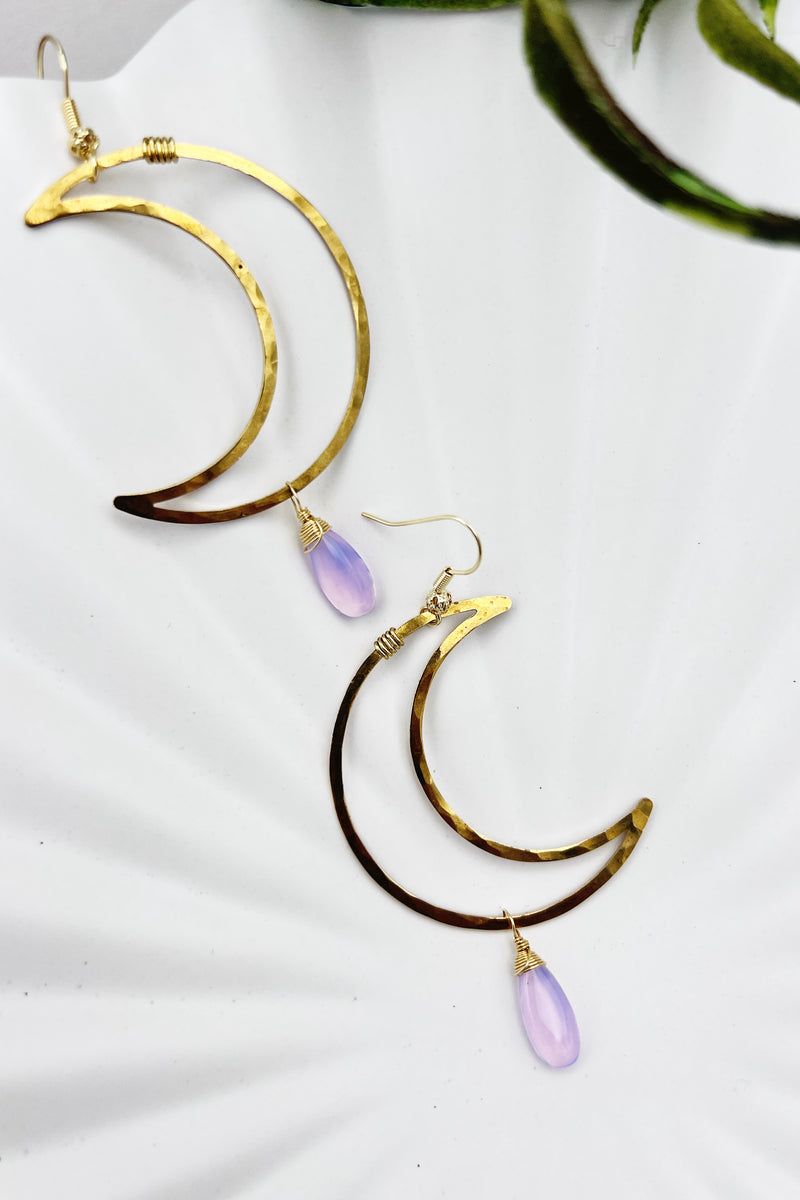 Brass crescent moon earrings with lavender quartz teardrops. Hand-wired, and  Hammered for effortless boho style.