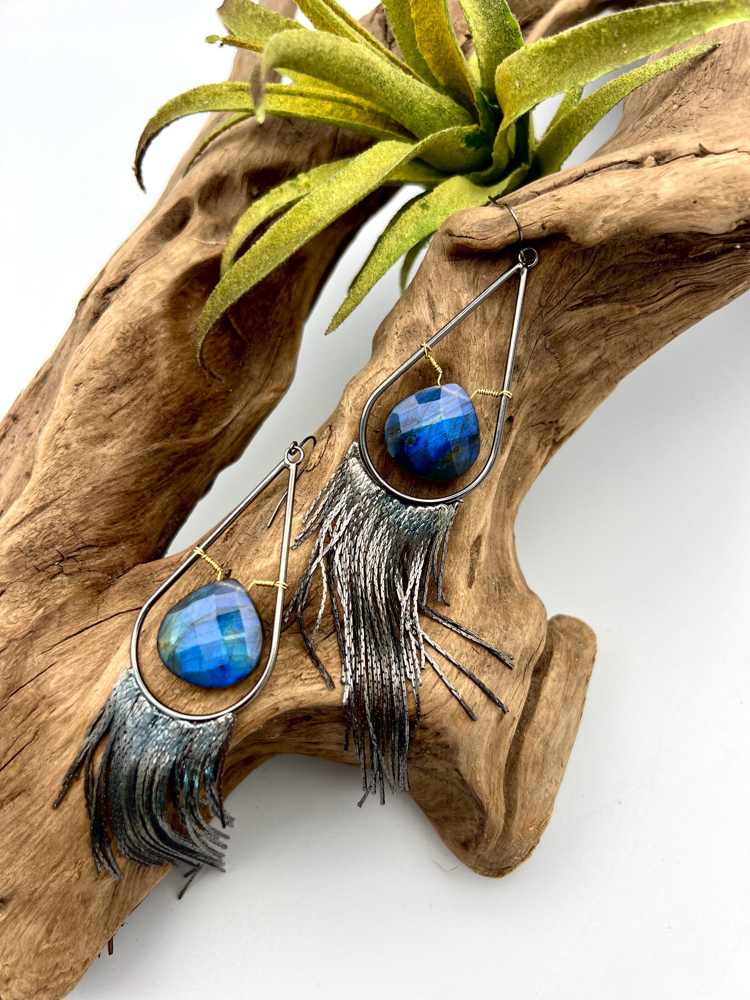 Dark metal fringe earrings with faceted flashy labradorite. Hypoallergenic ear wires, lightweight, and full of movement.