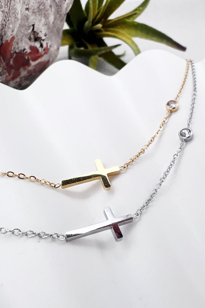 heart or cross dainty stainless steel necklace in gold or silver with cz diamond