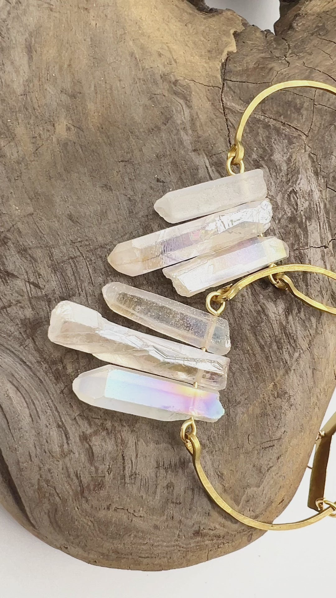 Aura Quartz spike hoop earrings with shimmering rainbow colored crystals 