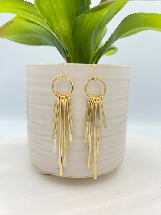 hammered brass fringes on a hoop earrings by real to the roots